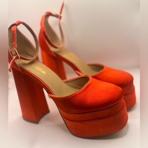 Size 8 / Free Shipping - Platform Ankle-Strap Heels in Bright Orange